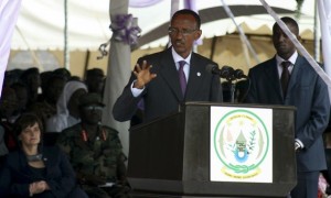 Rwanda's President Paul Kagame addresses attendants at the genocide mass-grave site in Kigali, April 7, 2009, during the 15th commemoration of the Rwandan genocide. REUTERS/Hereward Holland (RWANDA ANNIVERSARY SOCIETY CONFLICT)